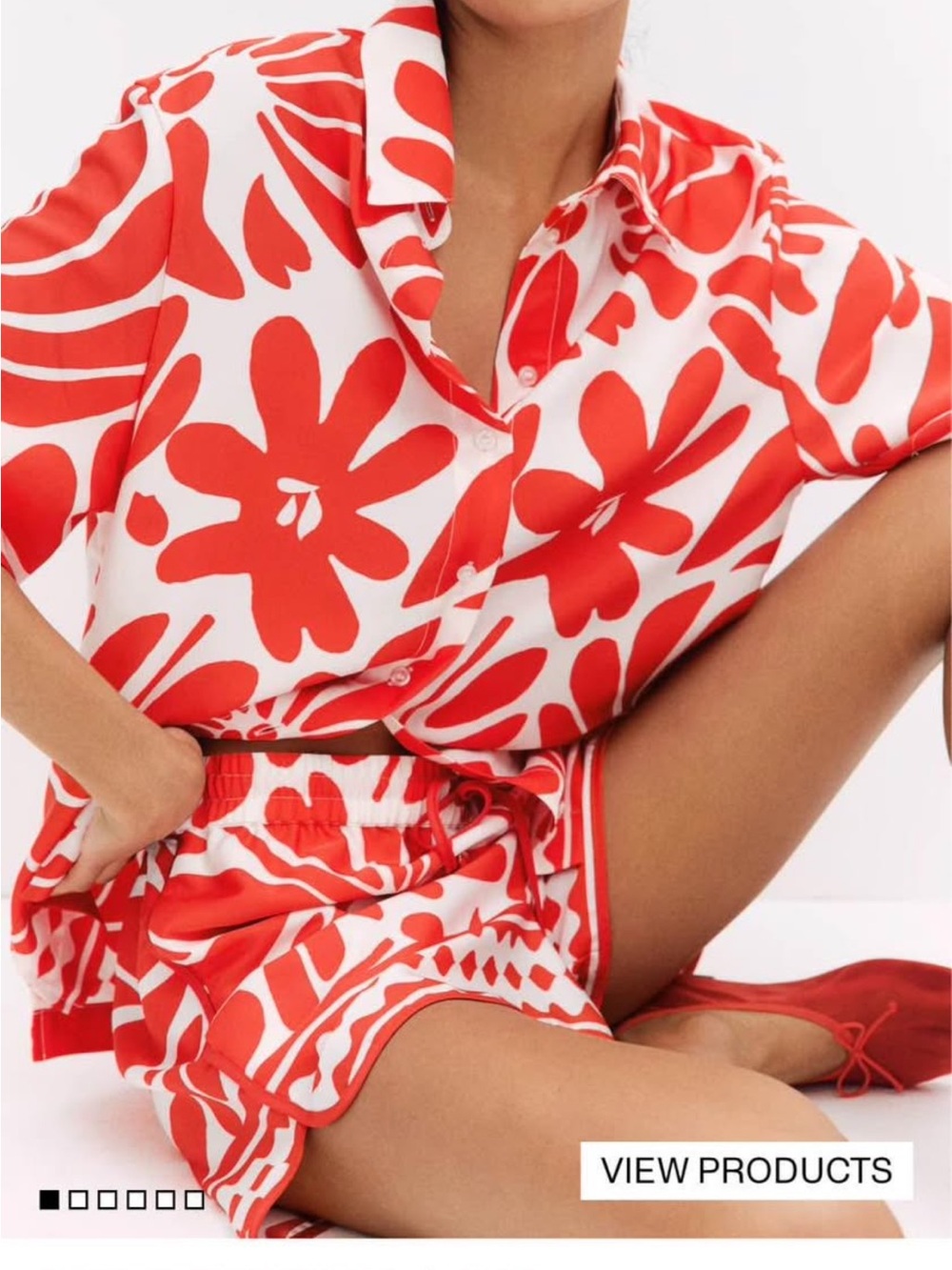 Women's Red Floral Button-Front Shirt and Shorts Set